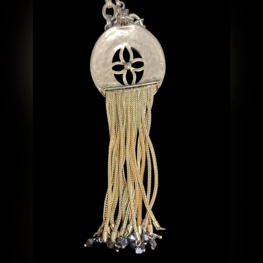 Chico's Gold Tone oval pendant Rhinestone long fringe necklace_3
